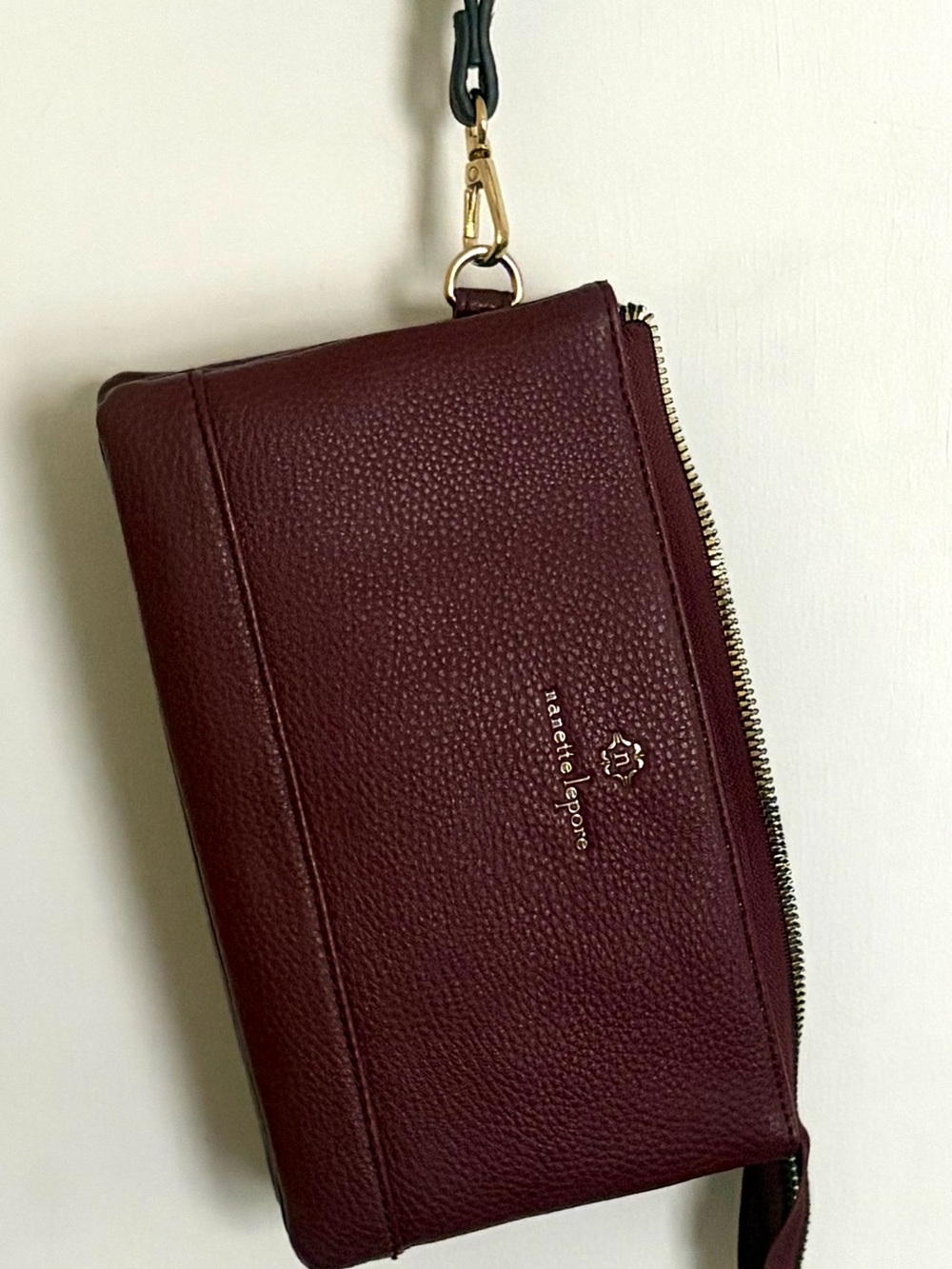 Nanette Lepore Wine Pebbled Leather Wristlet with Gold Hardware